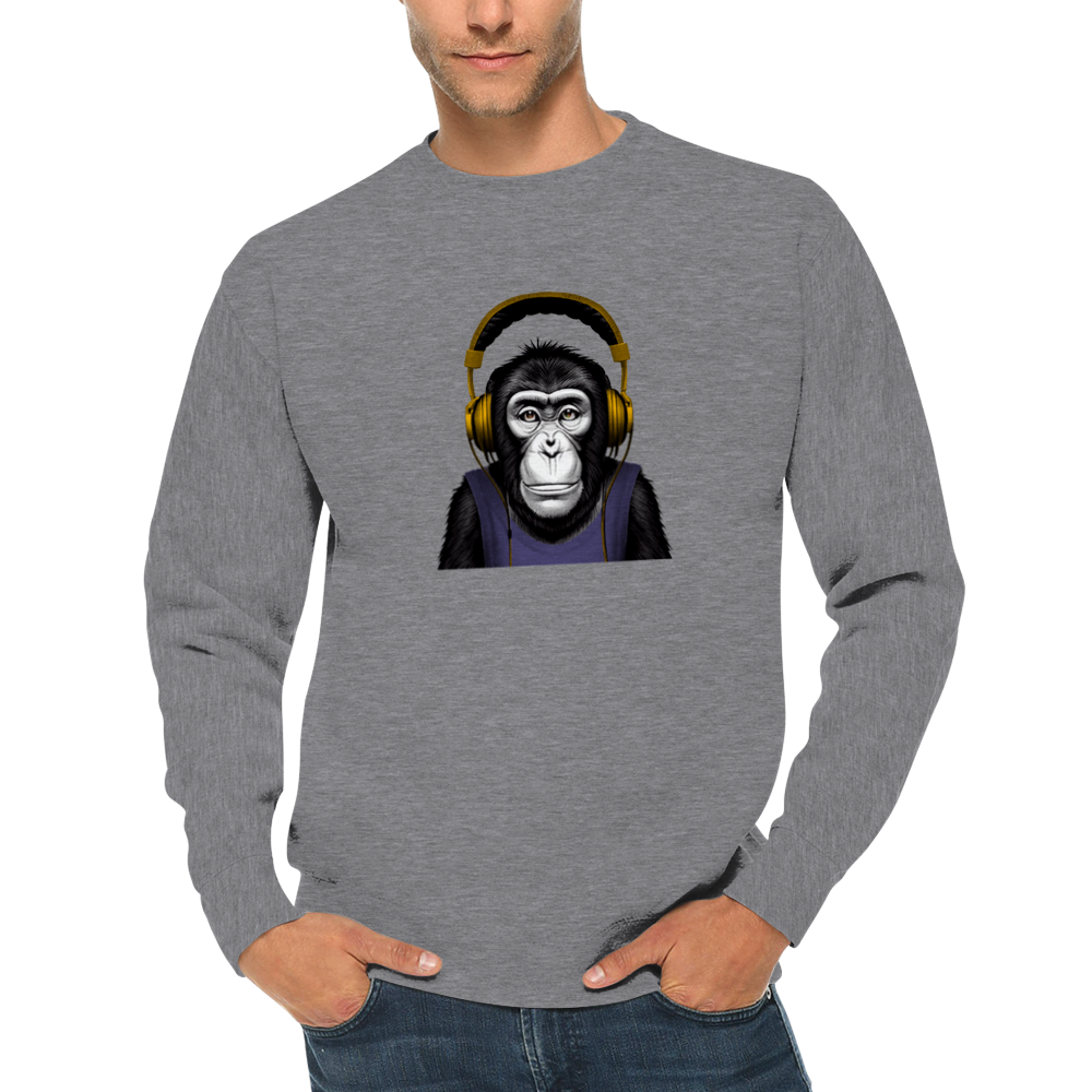 Chimpanzee Litening to Music on Headphones Premium Unisex Crewneck Sweatshirt
