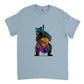 Light blue t-shirt with a bear playing a colourful double bass