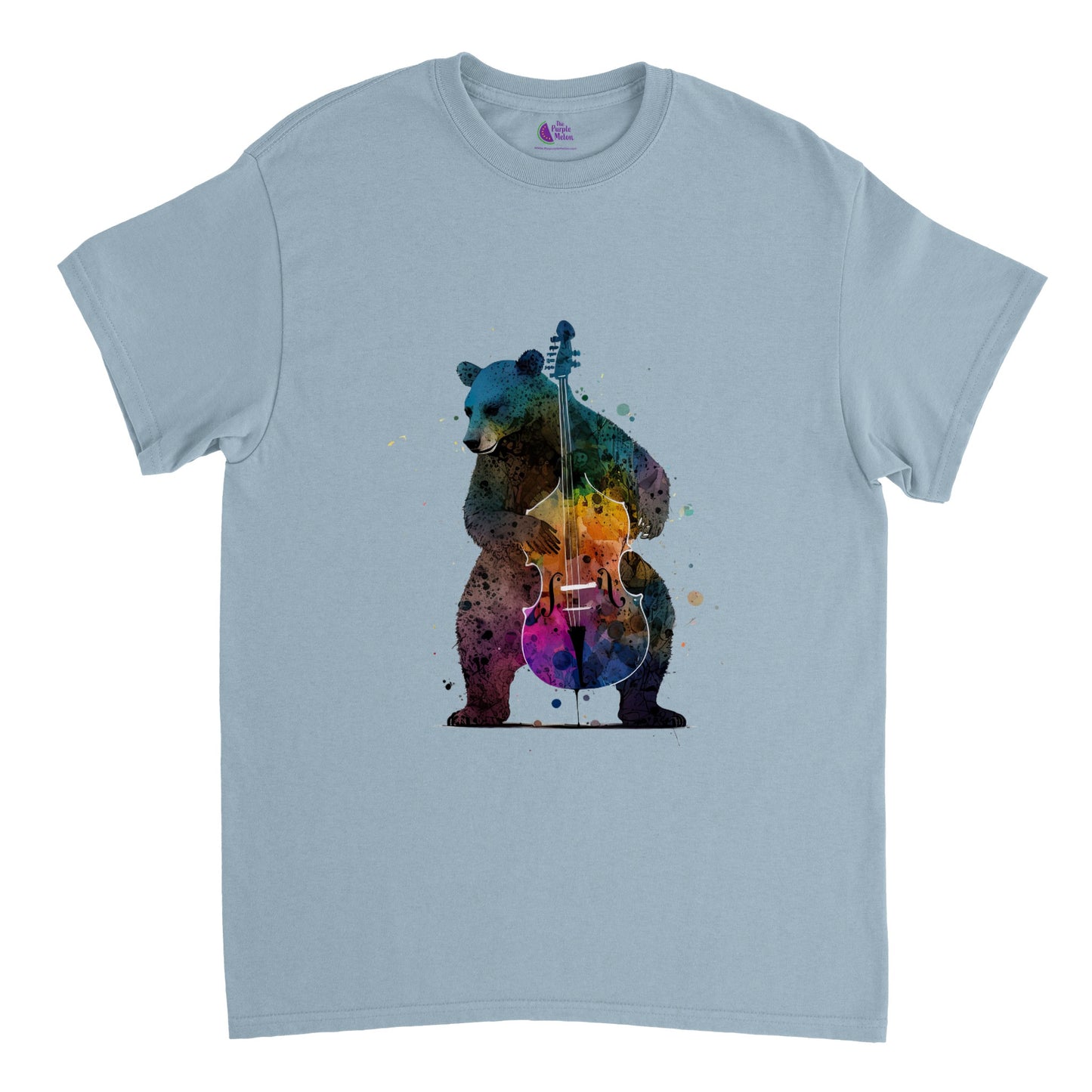 Light blue t-shirt with a bear playing a colourful double bass