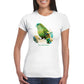 woman wearing a white t-shirt with a new zealand kakapo print