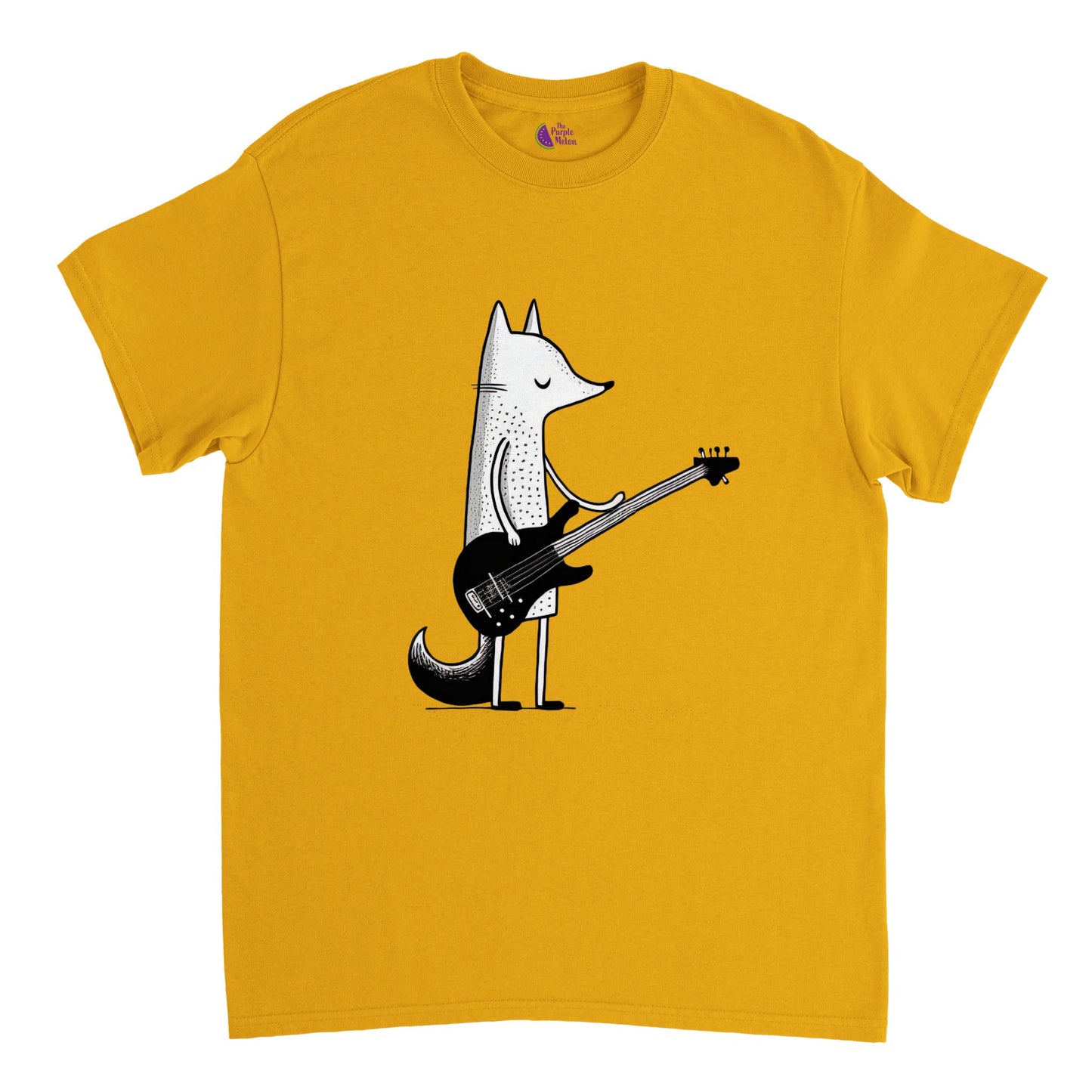 gold t-shirt with a fox playing the bass guiutar print