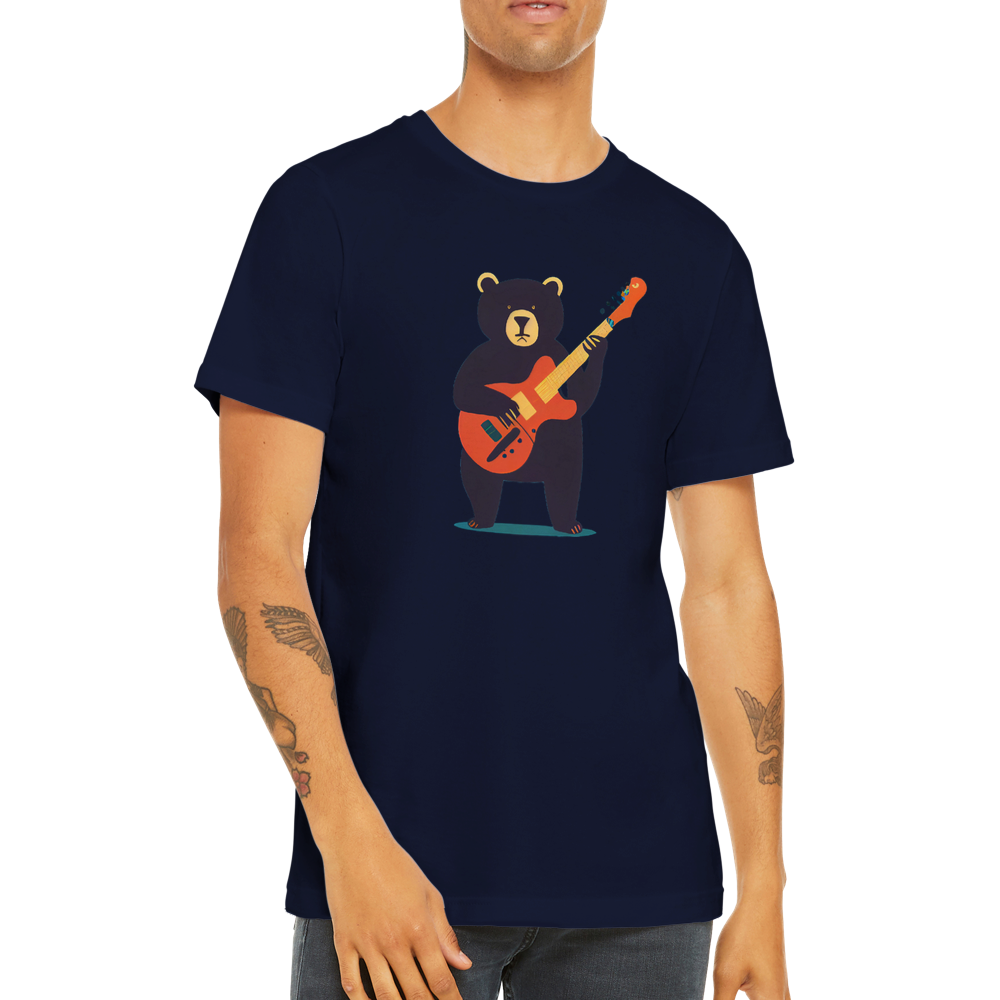 man waering a navy t-shirt with a bear playing a guitar print