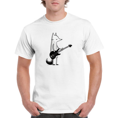 white t-shirt with a fox playing the bass guiutar print