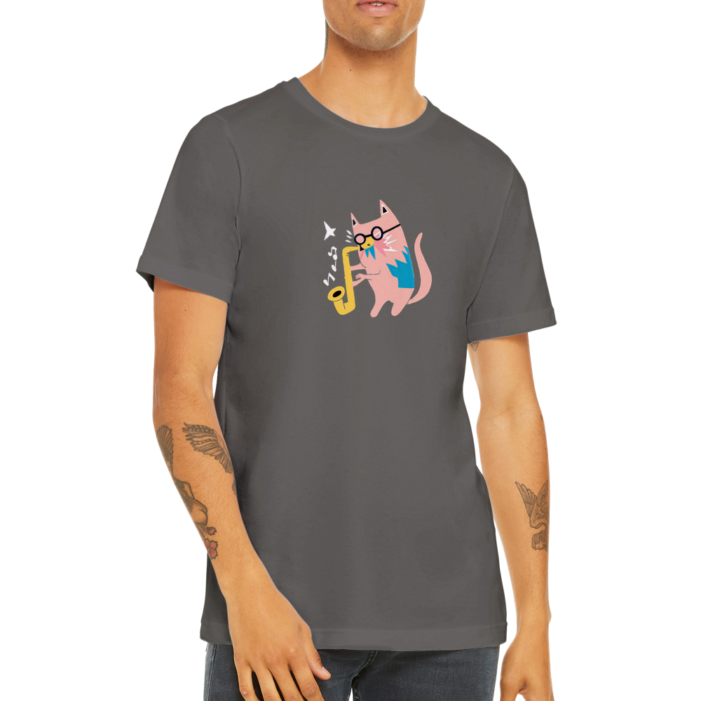 Guy wearing a black t-shirt with a pink cat playing the saxophone print