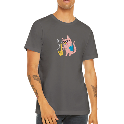 Guy wearing a black t-shirt with a pink cat playing the saxophone print