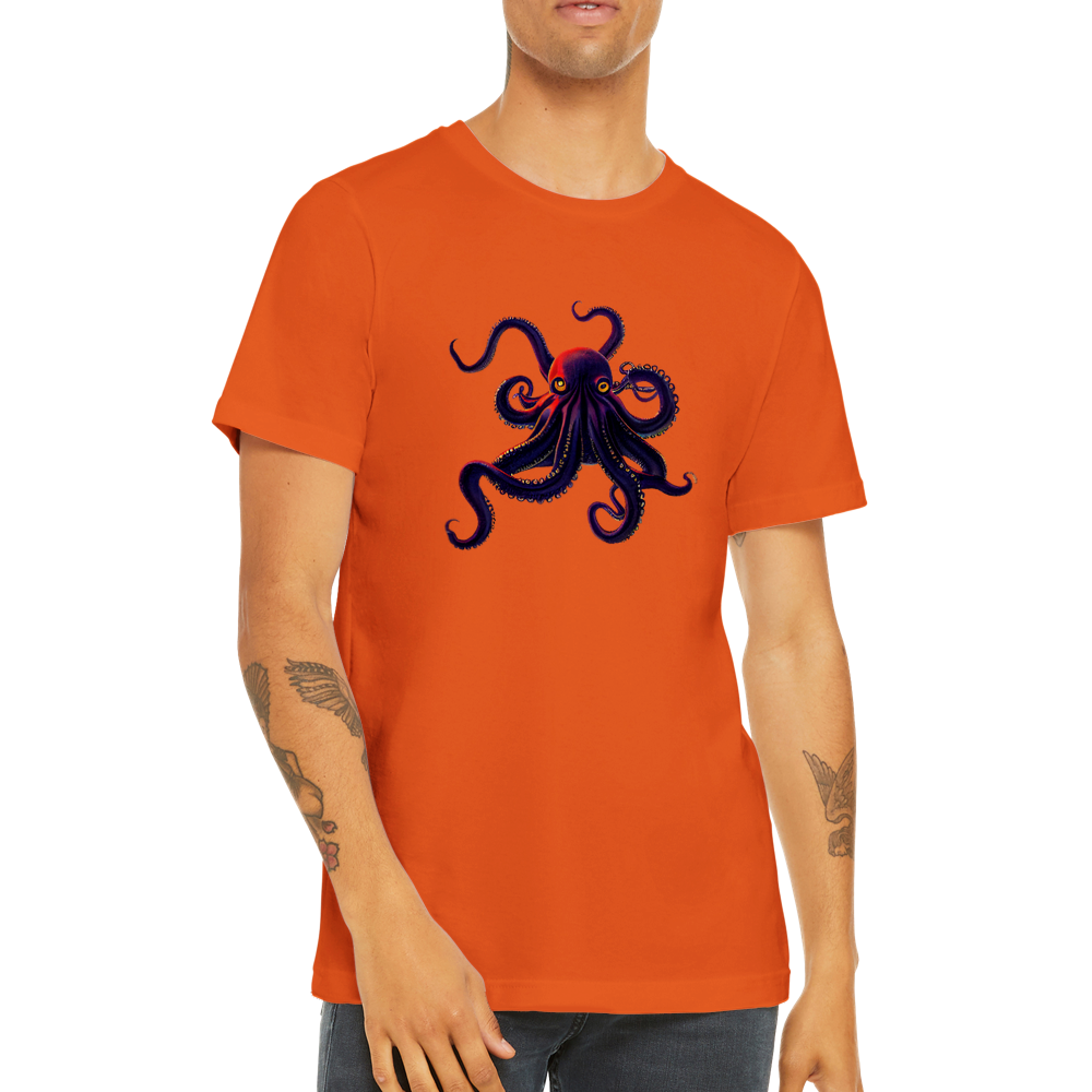 Guy wearing an orange t-shirt with an octopus print