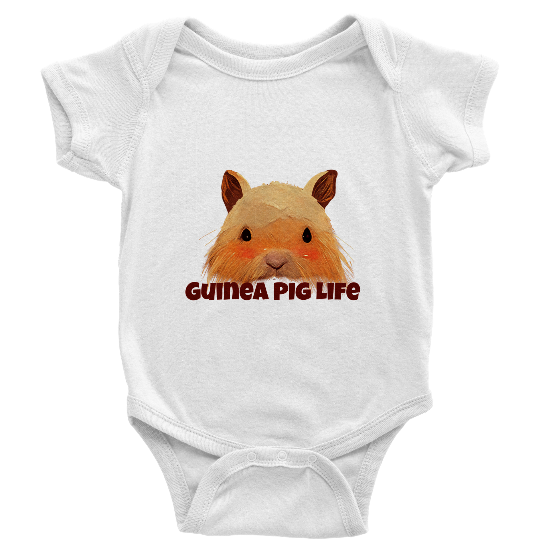 White short sleeve baby onesie with cute Guinea Pig life print
