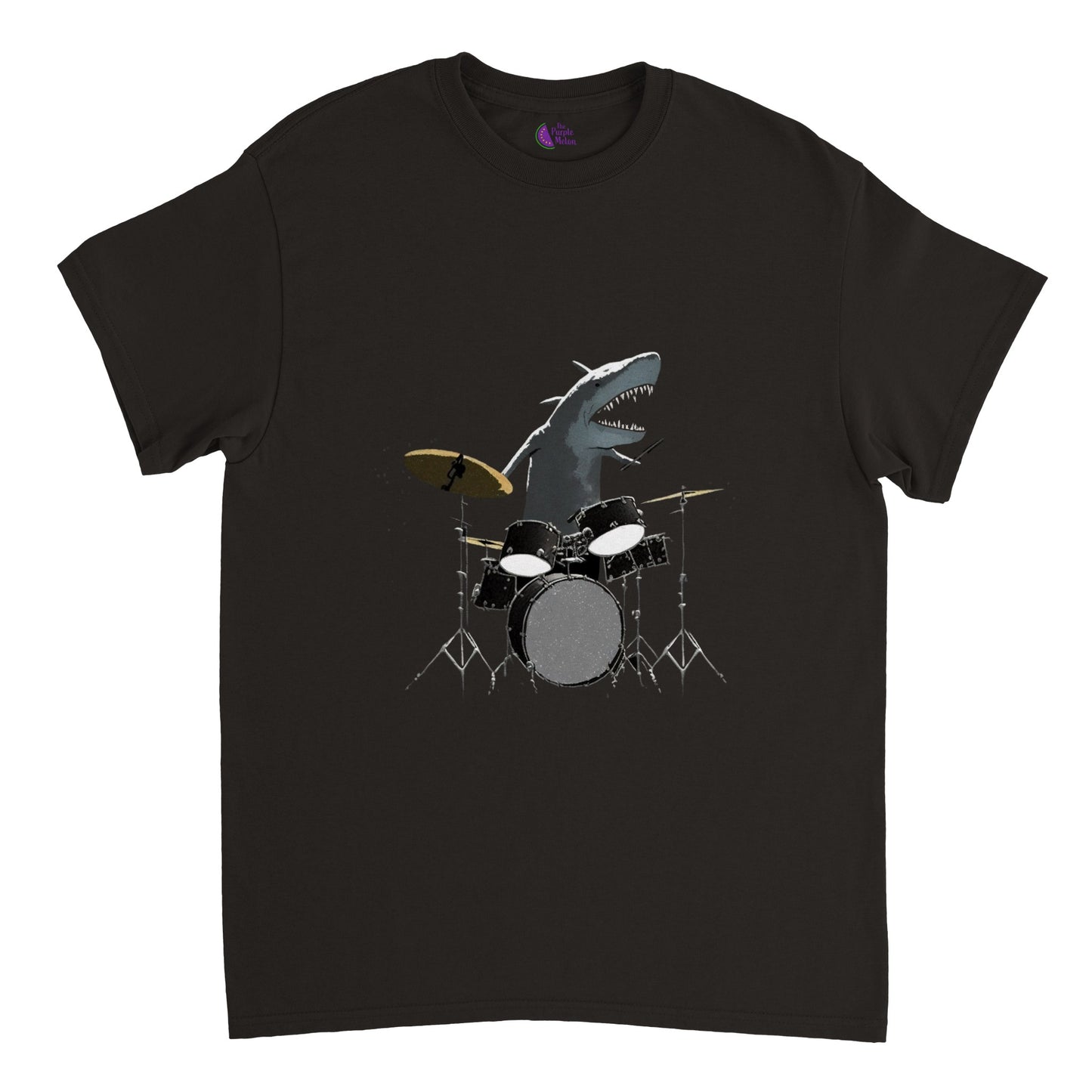 A black t-shirt with a shark playing drums illustration