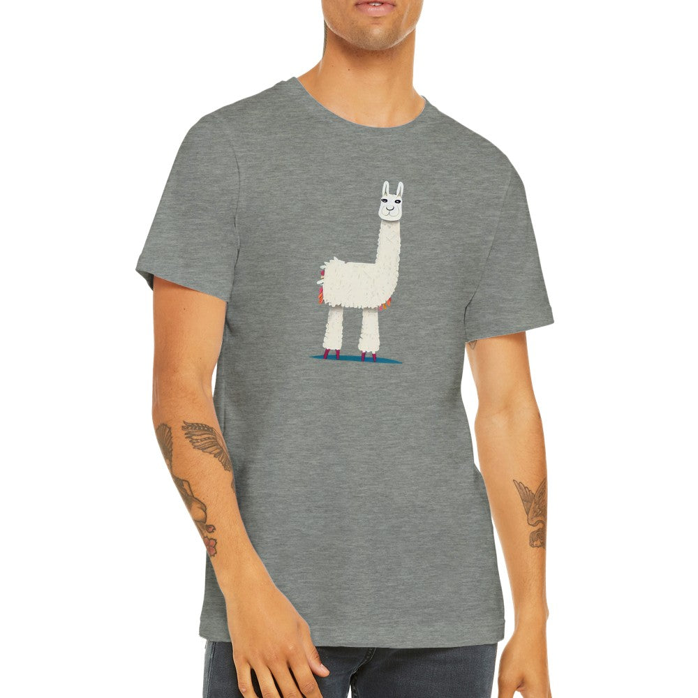 Guy wearing a grey t-shirt with a cute llama print