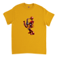 Gold t-shirt with a red robot playing a saxophone