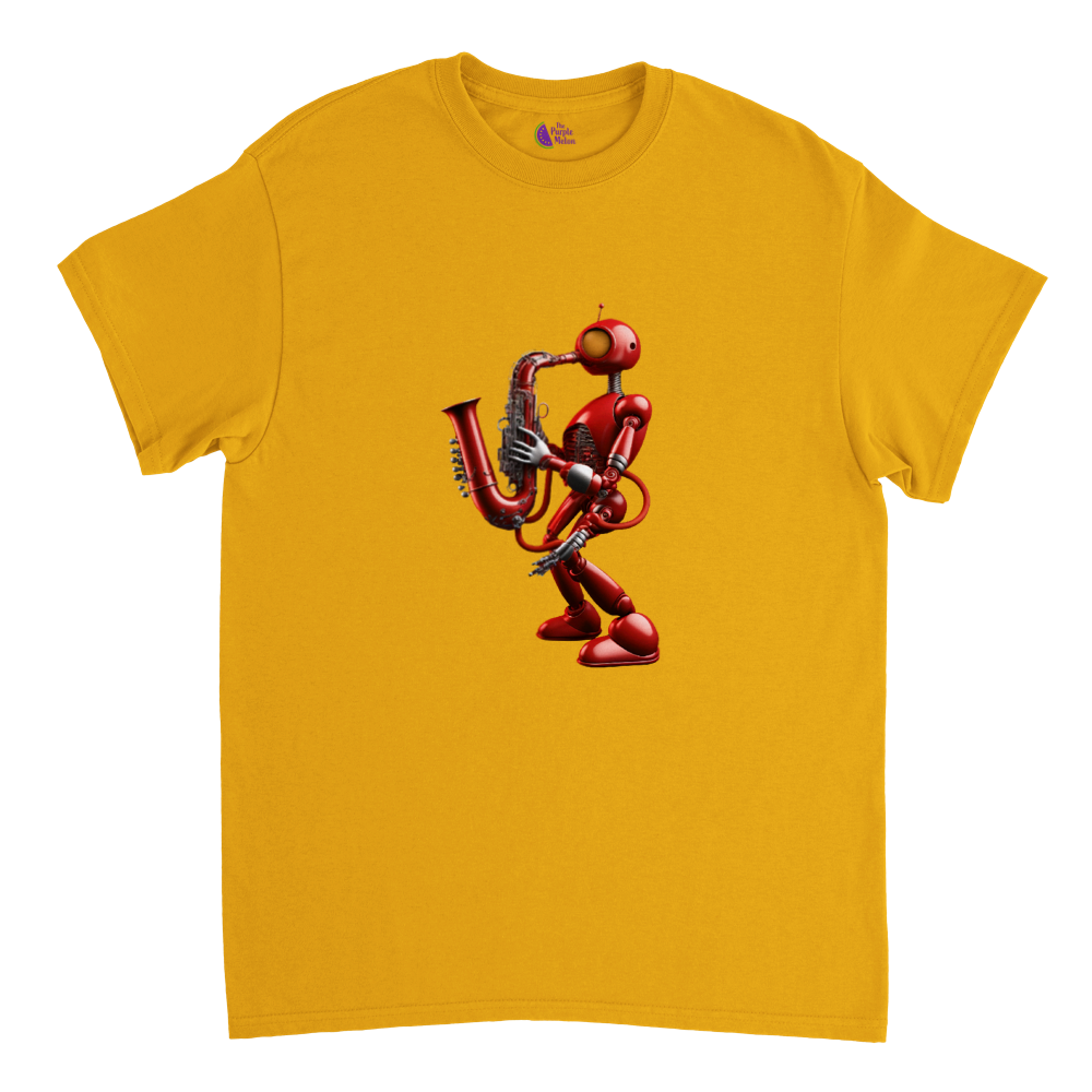 Gold t-shirt with a red robot playing a saxophone