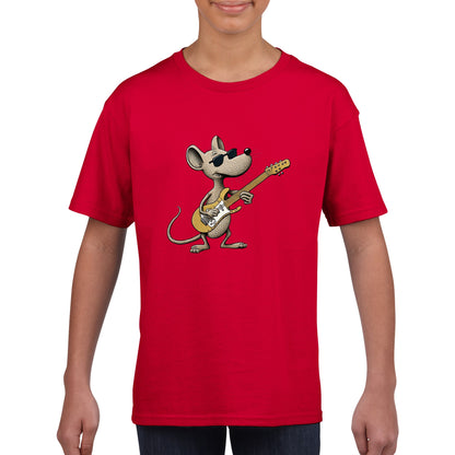 Kid wearing Cool rat playing a guitar print on red t-shirt