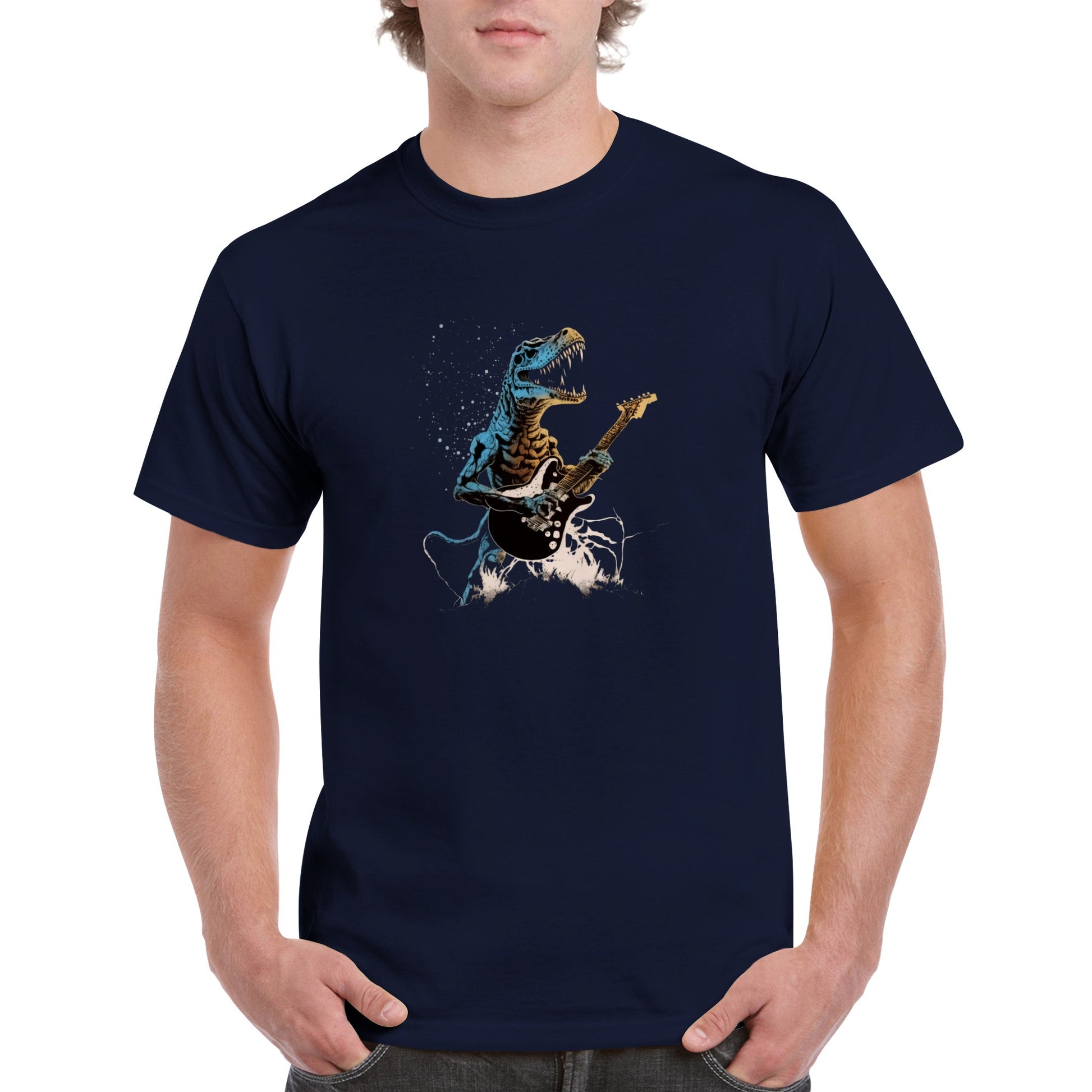 A guy wearing a navy t-shirt with a t-rex shredding out on a guitar print