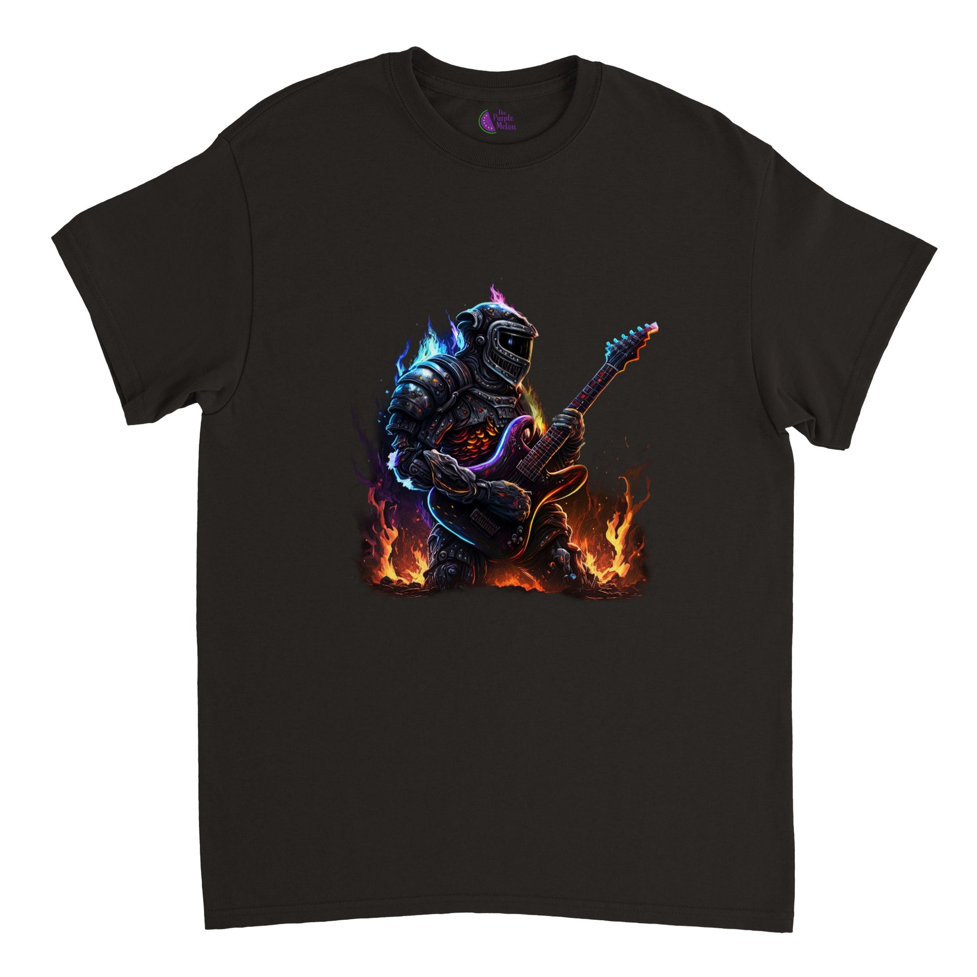 Black t-shirt with Space Robot on fire playing the guitar