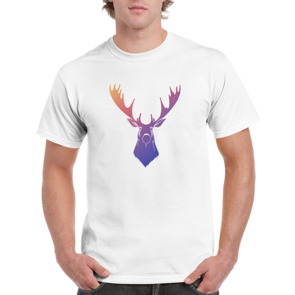 white t-shirt with a rainbow moose print