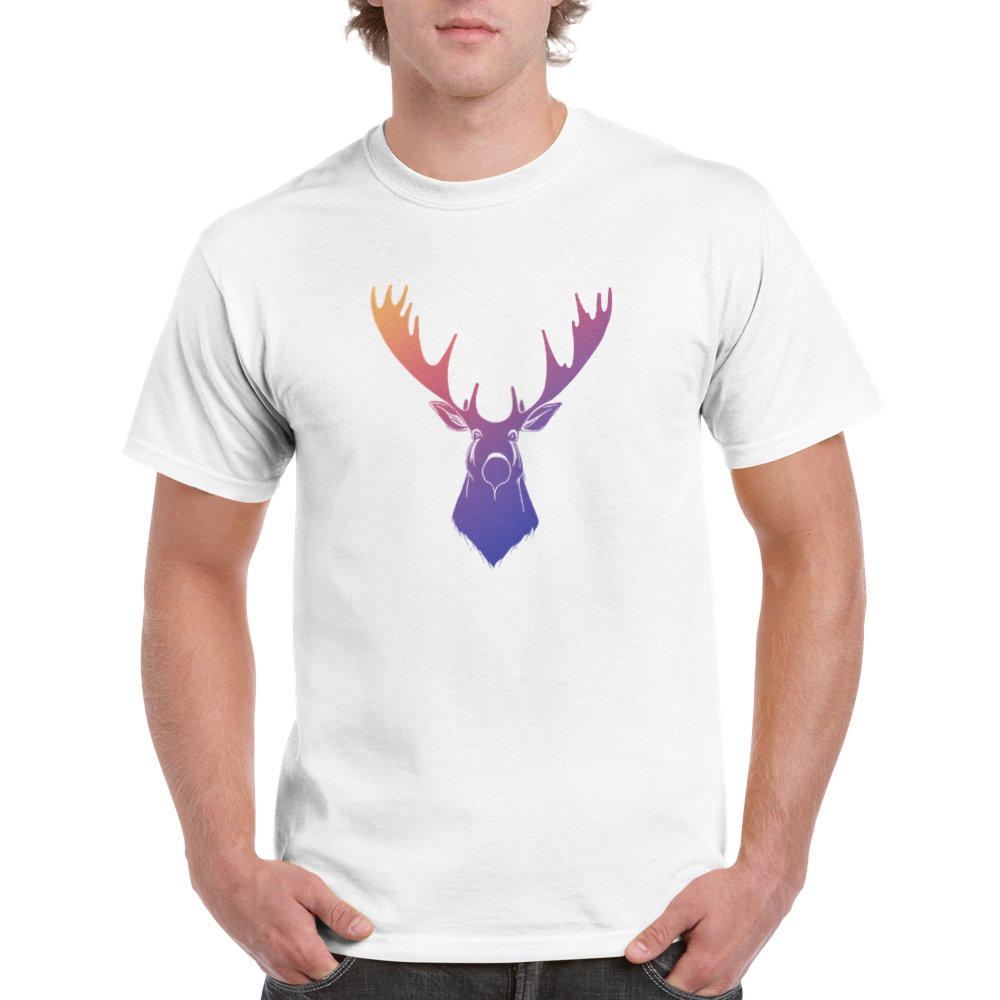 white t-shirt with a rainbow moose print