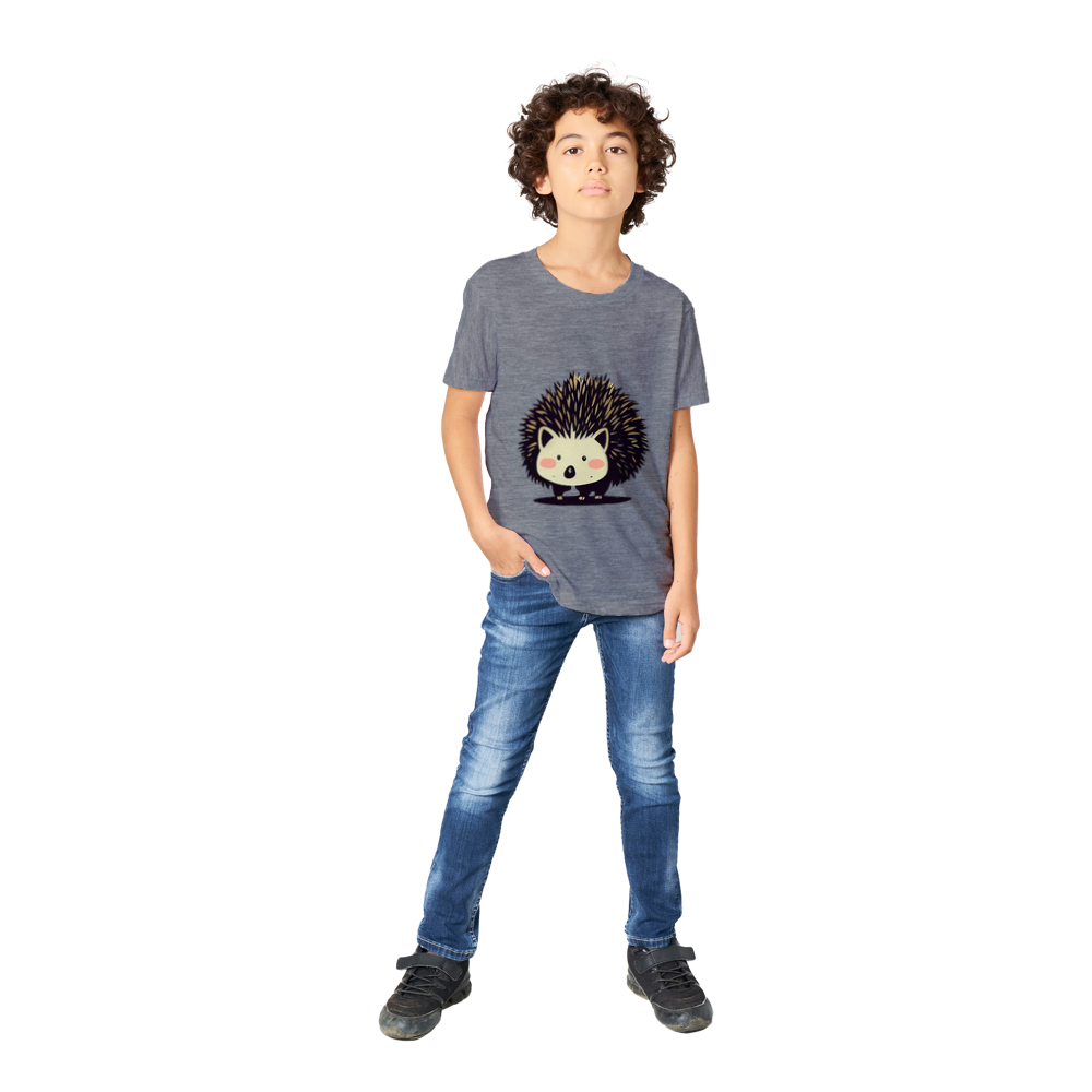 boy wearing grey t-shirt with cute hedgehog print