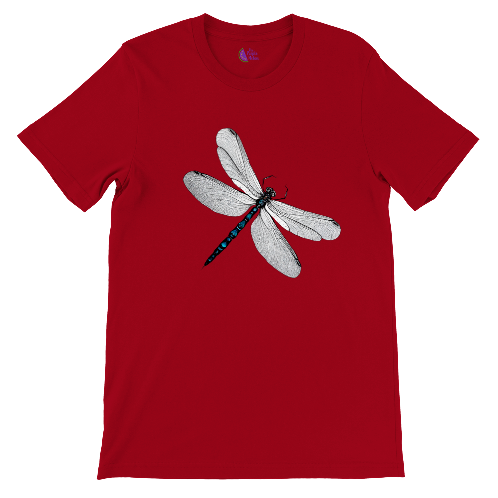 red t-shirt with a dragonfly print
