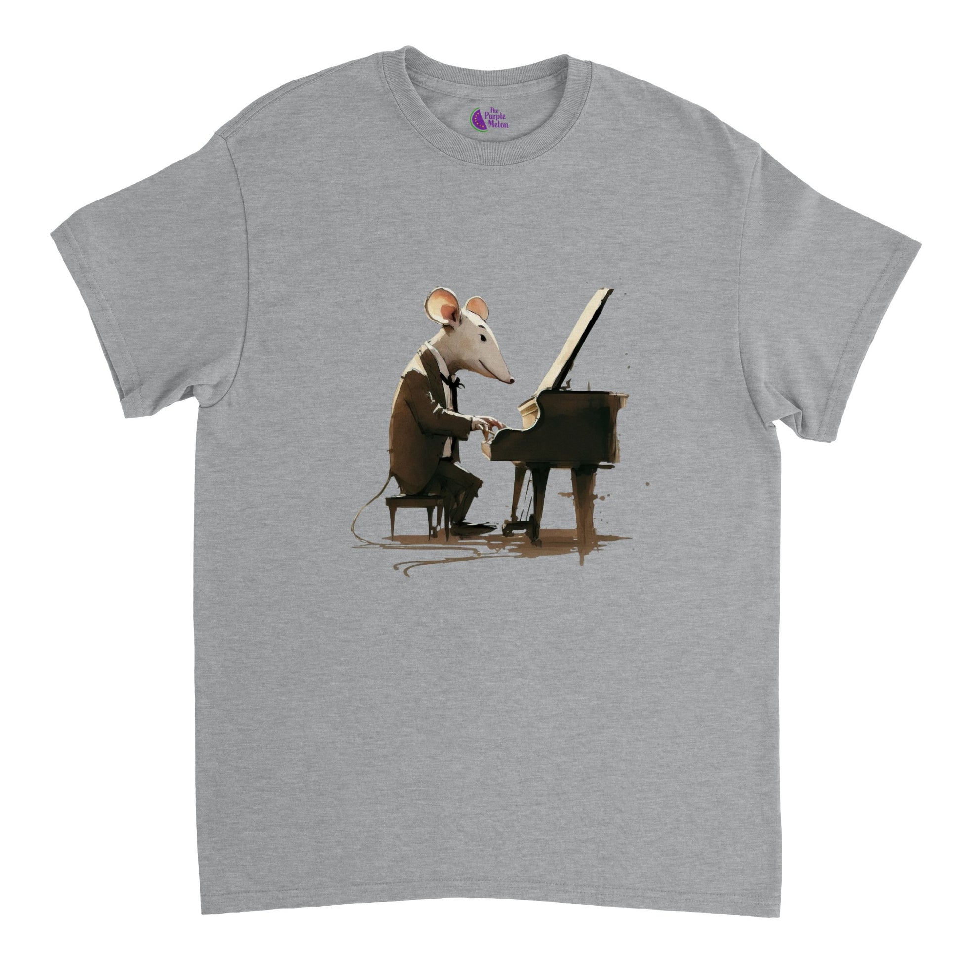 Grey t-shirt with a mouse playing a piano print