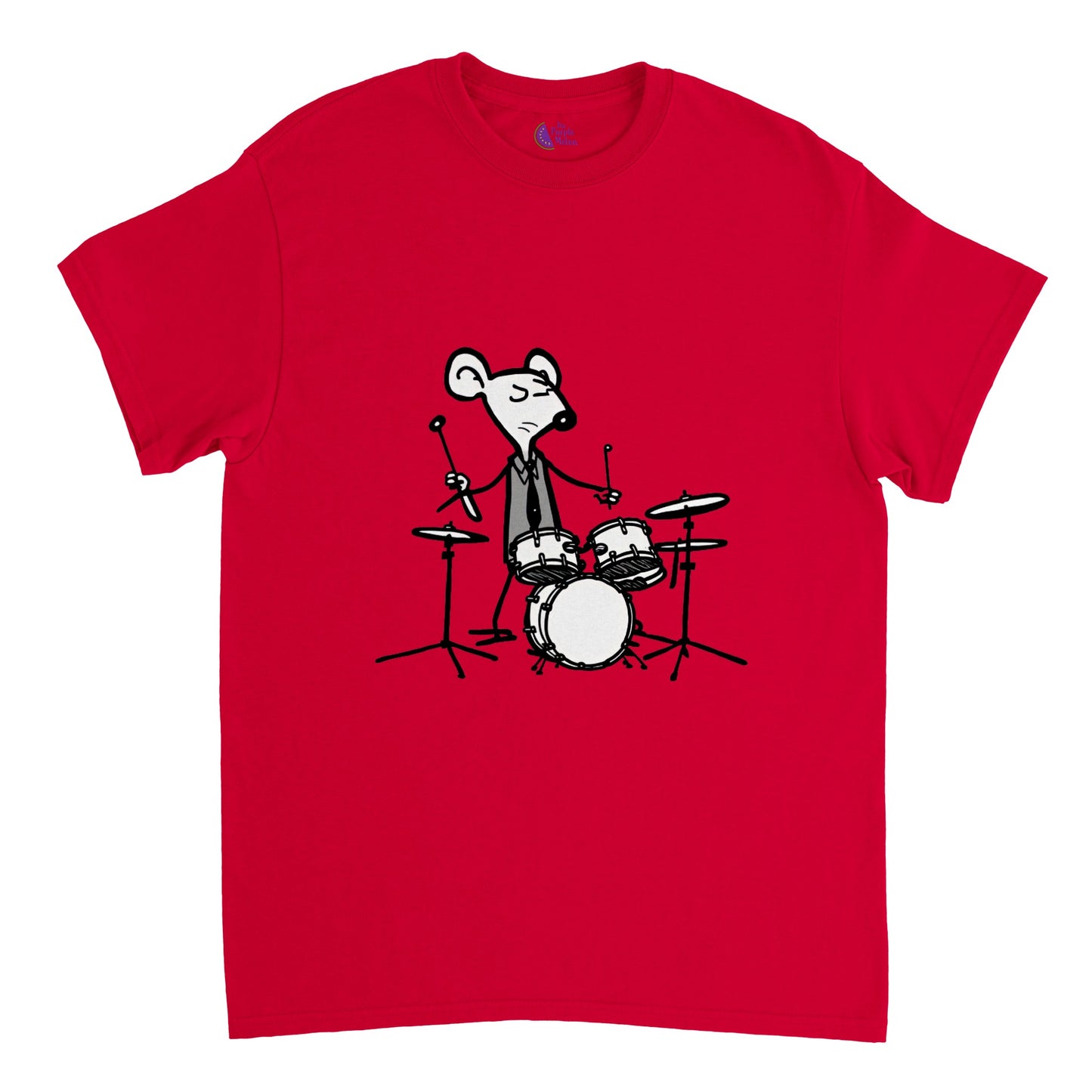 red t-shirt with a mouse playing drums print
