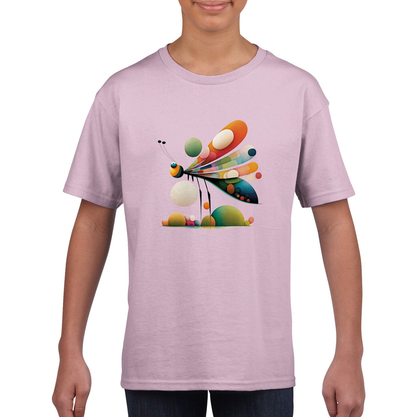 Introducing the Classic Kids Crewneck T-Shirt with Abstract Dragonfly Print - Perfect for Your Little Fashionista!