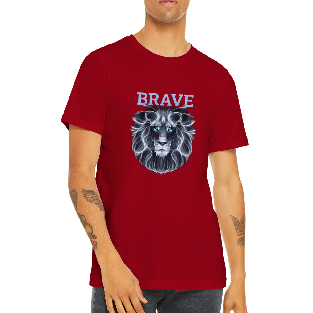 Guy wearing a red t-shirt with a lion print and the word Brave
