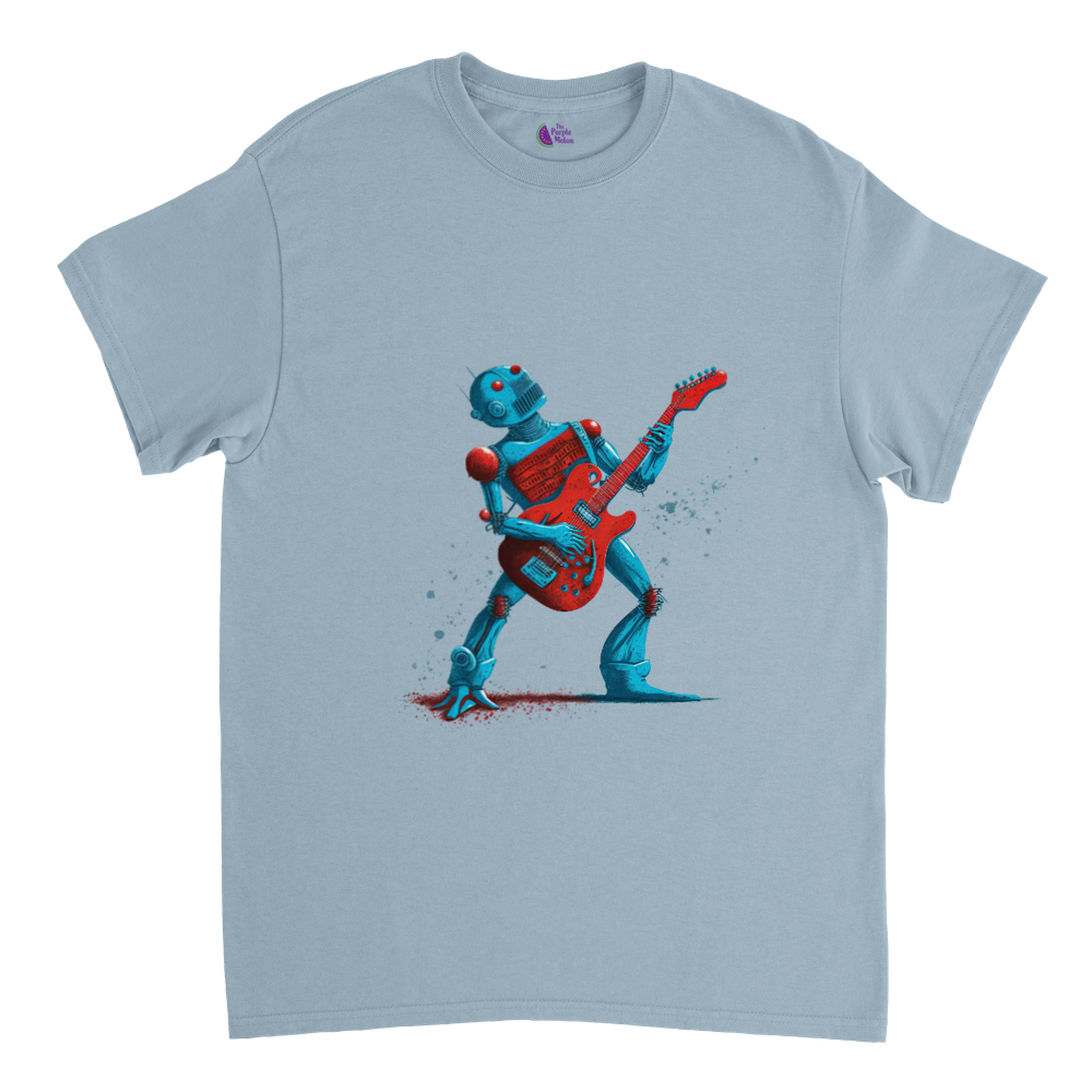 Light Blue t-shirt with a robot playing a red guitar