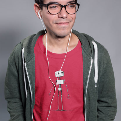 guy wearing a red t-shirt with smiling robot illustration
