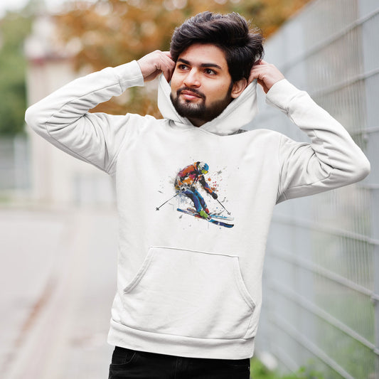 A guy wearing a white hoodie with a skier print