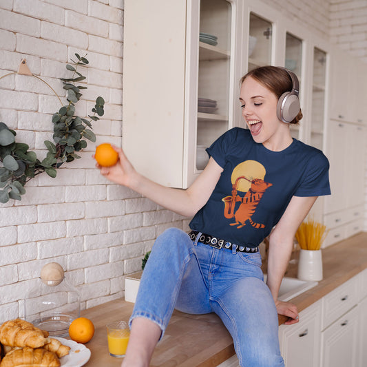 Girl listening to music wearing a navy t-shirt with a Cat Playing the Saxophone Under the Full Moon Premium Unisex Crewneck T-shirt.