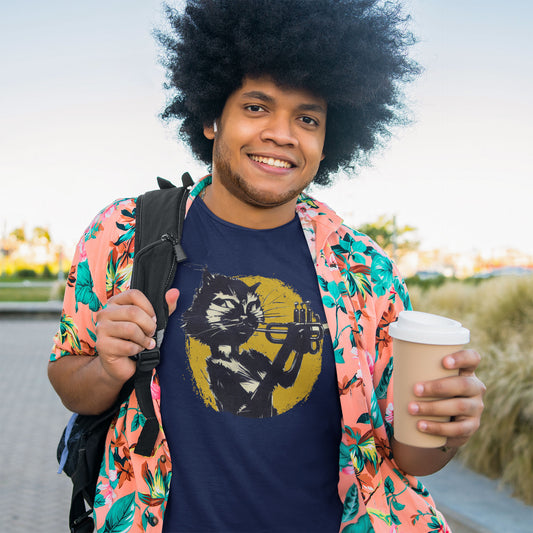 A guy wearing a navy t-shirt with a cat playing the trumpet print