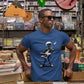 A guy wearing a blue t-shirt with an alien playing electric guitar illustration