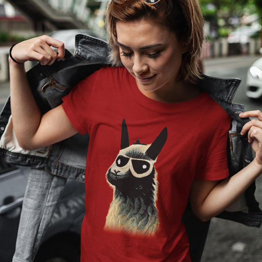 girl wearing a red t-shirt with a llama wearing sunglasses print