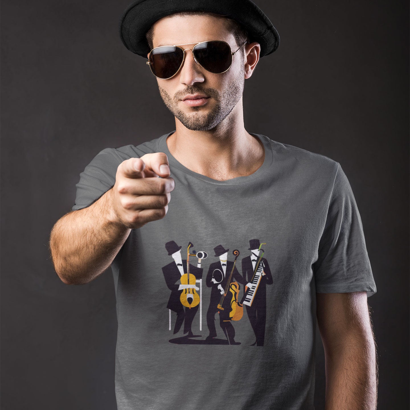 guy in sunglasses wearing a grey t-shirt with a pop-art jazz trio print
